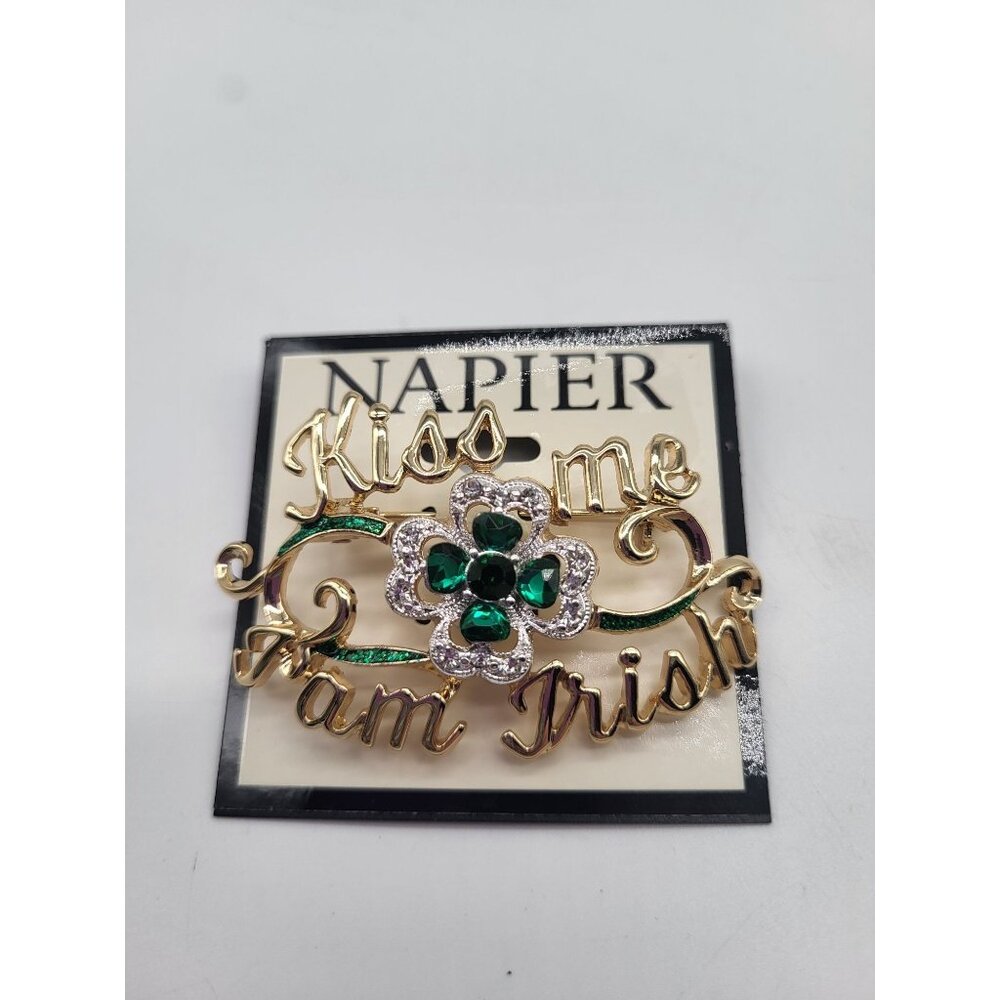 NAPIER Kiss Me I'm Irish Brooch/Pin Clover Luck Rhinestone Gold Tone St. Patty's